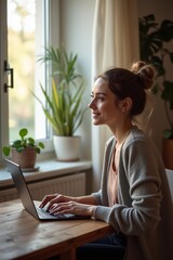 A lifestyle photo of freelancer working from home on laptop, cozy interior, natural daylight