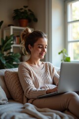 A lifestyle photo of freelancer working from home on laptop, cozy interior, natural daylight