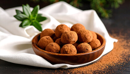 Decadent Chocolate Truffles: Rustic Wooden Bowl, Cocoa Dust, and Lush Greenery