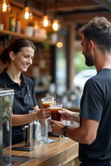 A barista handing iced coffee to customer at outdoor stall, friendly exchange captured in candid motion
