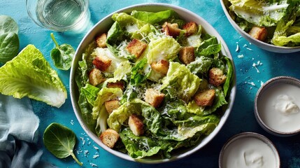 Fresh caesar salad in a white bowl.
