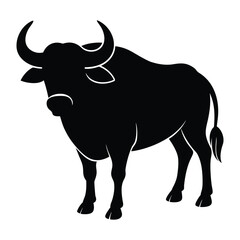 Black silhouette of a bull with curved horns and a tail animal mammal
