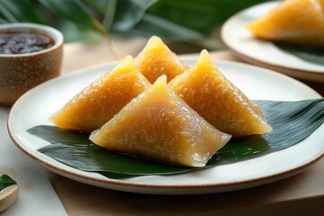 Four golden translucent pyramid-shaped sticky rice dumplings on a white plate with green leaf underlay and small bowl of dipping sauce