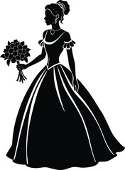 Fototapeta premium Elegant lady in ball gown holding flower bouquet silhouette isolated on transparent background