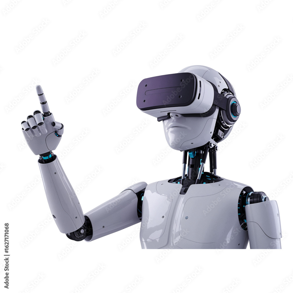 Poster futuristic humanoid robot wearing virtual reality headset pointing finger up isolated on transparent