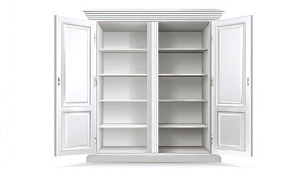 Empty white wardrobe with multiple shelves.