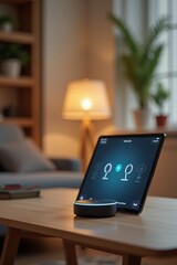 A commercial image of smart home hub on modern table, voice command symbols on screen, clean ambient lighting