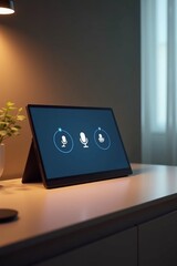A commercial image of smart home hub on modern table, voice command symbols on screen, clean ambient lighting