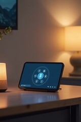 A commercial image of smart home hub on modern table, voice command symbols on screen, clean ambient lighting