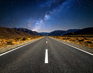 Starry night road through mountains