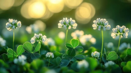 Close-up of white clover flowers and green leaves bathed in soft golden sunlight creating a peaceful and serene atmosphere
