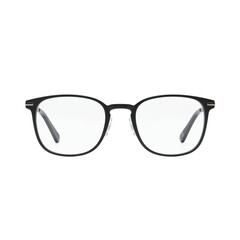 Stylish modern black framed eyeglasses with clear lenses and silver accents isolated on transparent background