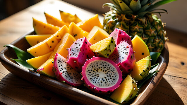 A vibrant assortment of fresh tropical fruits, featuring exotic dragon fruit and sweet pineapple slices on a rustic wooden platter
