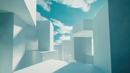 Fototapeta premium White Cubic Cityscape Under Blue Sky.