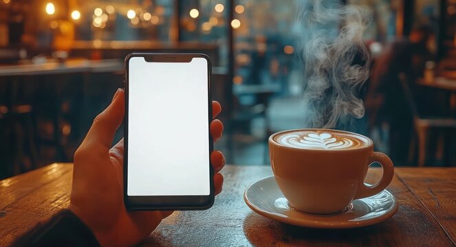 Hand holding a smartphone with blank screen next to a steaming cup of latte with heart-shaped latte art on a wooden table in a cozy cafe - Powered by Adobe