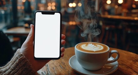 Person holding a smartphone with blank screen near a steaming cup of coffee with latte art on wooden table in cozy cafe