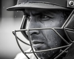 Cricketer’s Face Wearing Helmet, Focused Expression Behind Grill, Game-Ready Look, Professional Sports Gear, Intense Match Moment Captured with Sharp Detail