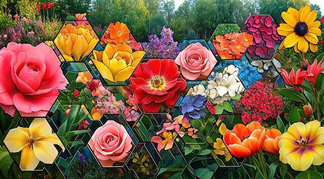 Various colorful flowers arranged in hexagonal frames against a lush green garden background, creating a vibrant and artistic floral pattern