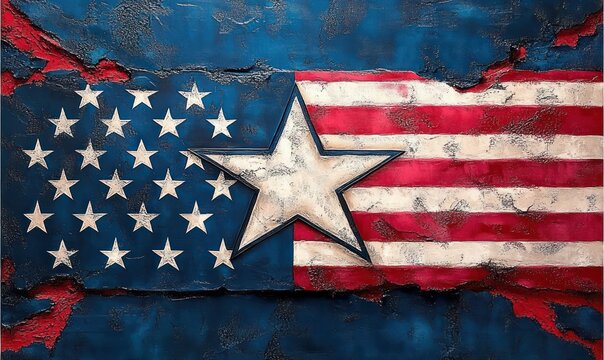 Rustic, weathered American flag with textured surface, featuring a large central star and smaller stars on blue background alongside red and white stripes, conveying endurance and history