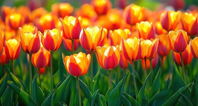 Vibrant field of blooming yellow and orange tulips glowing in sunlight with green leaves under bright natural light - Powered by Adobe