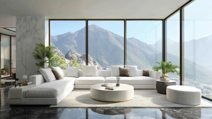 Modern living room with panoramic mountain view.