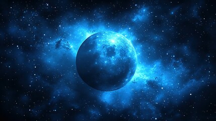Ethereal Blue Moon Illuminates Starry Cosmic Nebula with Radiant Glow