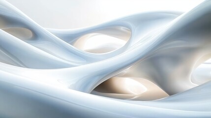 abstract smooth flowing white and light gray curved surfaces with organic openings creating a fluid interconnected structure conveying calmness and futuristic design