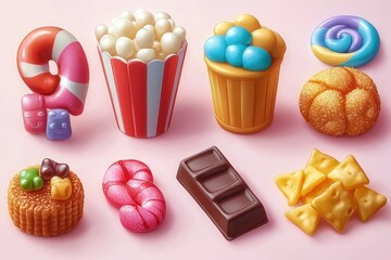 Assortment of colorful sweets and snacks including candy cane, popcorn, cupcake, lollipop, biscuit, gummy candies, chocolate bar, and crackers on soft pink background