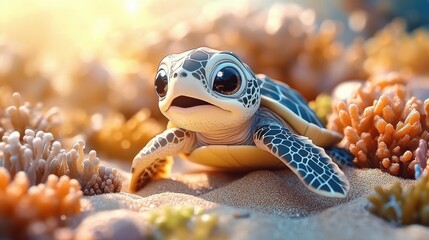 Close-up of a baby sea turtle with large expressive eyes crawling on sandy ocean floor surrounded by coral reef under warm sunlight