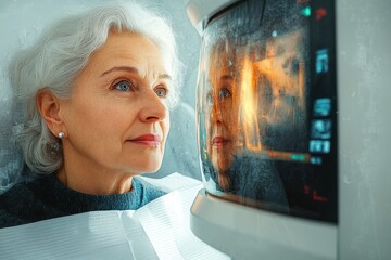 elderly woman undergoing a medical imaging scan with protective apron in a clinical setting, focused and calm atmosphere