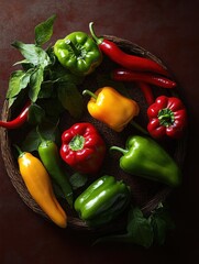Colorful assortment of fresh green, red, and yellow bell peppers and chili peppers arranged in a rustic woven basket with green leaves on a dark textured surface