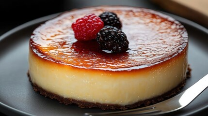 Creamy caramel custard dessert topped with fresh raspberries and blackberries on a dark plate with a fork