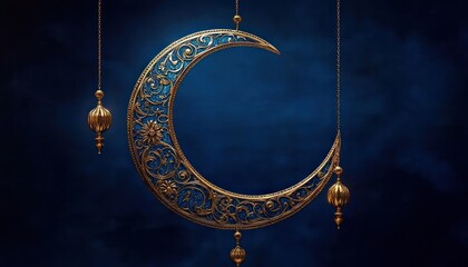 Intricately designed ornamental crescent moon with floral and scrollwork patterns in blue and gold hanging against a dark blue background with two hanging golden decorative elements