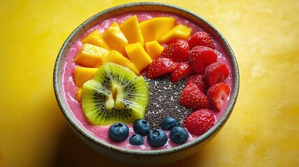 Colorful smoothie bowl topped with fresh mango chunks, sliced strawberries, kiwi, blueberries, and chia seeds on a vibrant yellow background, evoking freshness and vitality