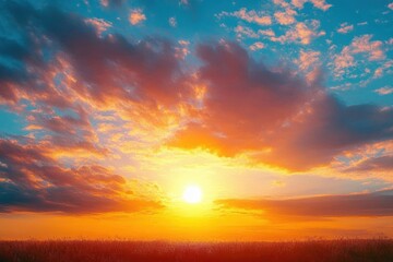 Bright golden sunset over a vast field with dramatic colorful clouds and a vibrant blue sky evoking calm and warmth