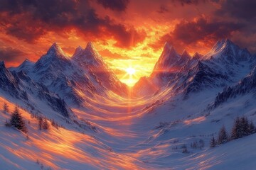 Sunset casting warm golden light over snow-covered jagged mountain peaks and a valley with scattered pine trees under a dramatic sky