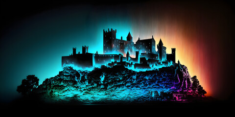 Obraz premium Leuchtende Burg auf Hügel im futuristischen Farbspektrum - Frame TV Wallpaper - Harmonisches Hintergrundbild