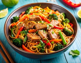 Stir-fried noodles with vegetables and fish