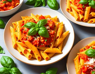 Penne pasta with tomato sauce and basil