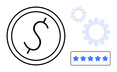 Coin with dollar sign, blue gears, and five-star rating illustrating earnings, satisfaction, and productivity. Ideal for business, finance, quality service, efficiency growth evaluation simple