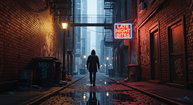 man walking on the street in night - Powered by Adobe