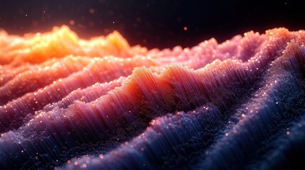 Abstract digital landscape with glowing pink, purple, and orange light streaks forming a textured, wave-like pattern under a dark background