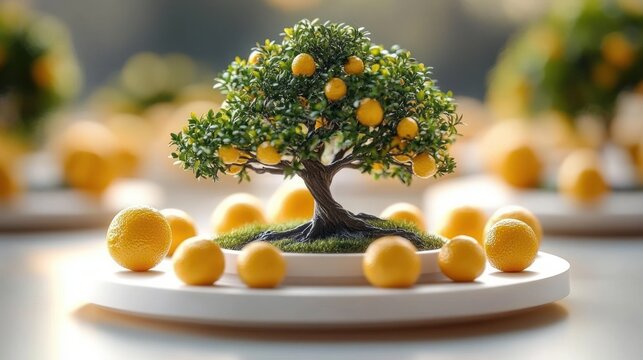 Miniature citrus tree with ripe yellow fruits on a grassy patch surrounded by loose oranges on a round platform with blurred similar setups in the background