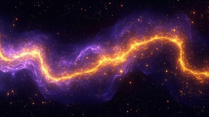 A glowing, winding river of bright golden light surrounded by swirling purple nebulae set against a dark starry cosmic background, evoking mystery and wonder
