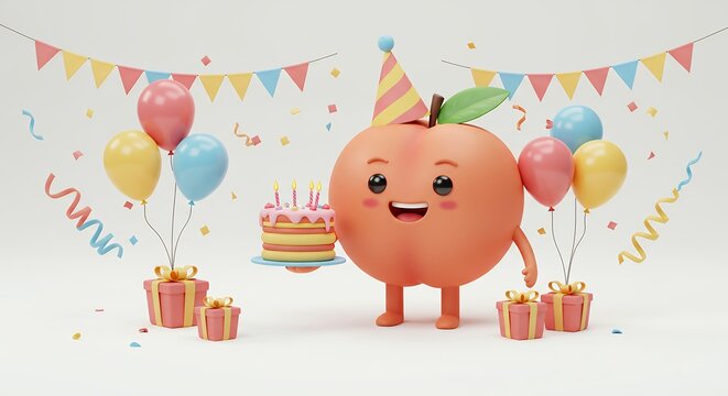 Animated peach character celebrates birthday with balloons gifts and cake