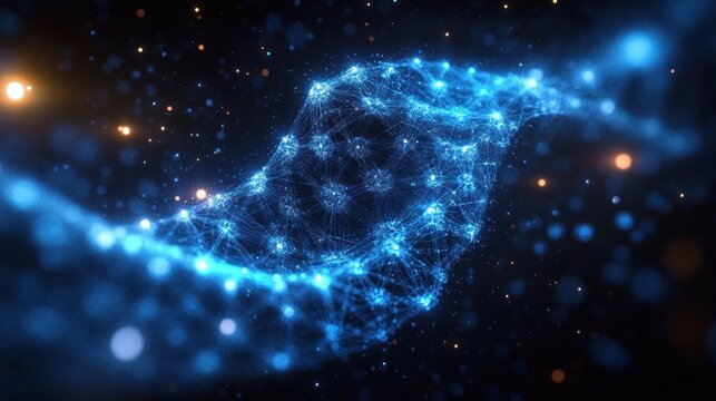 Glowing blue interconnected network of nodes and lines forming a dynamic, wave-like flowing structure against a dark background, evoking a sense of complexity and connectivity - Powered by Adobe