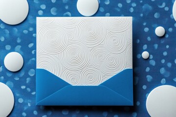abstract white textured square with concentric circles partially covered by a blue geometric shape on a blue background with white circular shapes
