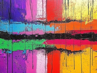 vibrant abstract painting with bold horizontal and vertical streaks in multiple bright colors including purple, green, blue, red, orange, yellow, and pink evoking a lively and energetic mood