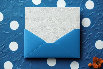 blue envelope holding a white card with embossed circular pattern placed on a textured blue surface with white polka dots alongside a small orange flower