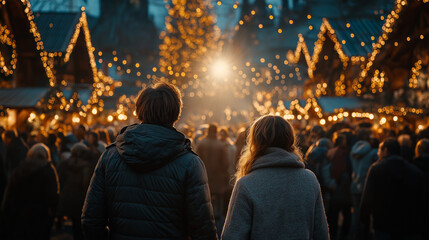 Fototapeta premium Cozy Couple Navigating Christmas Market: A captivating scene unfolds as a couple, holding hands, ventures into a bustling Christmas market, with festive lights and market stalls.
